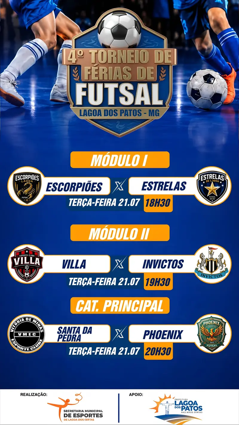 4º Torneio de Férias de Futsal de Lagoa dos Patos: Confira a Tabela dos Jogos dia 21 de julho de 2026
