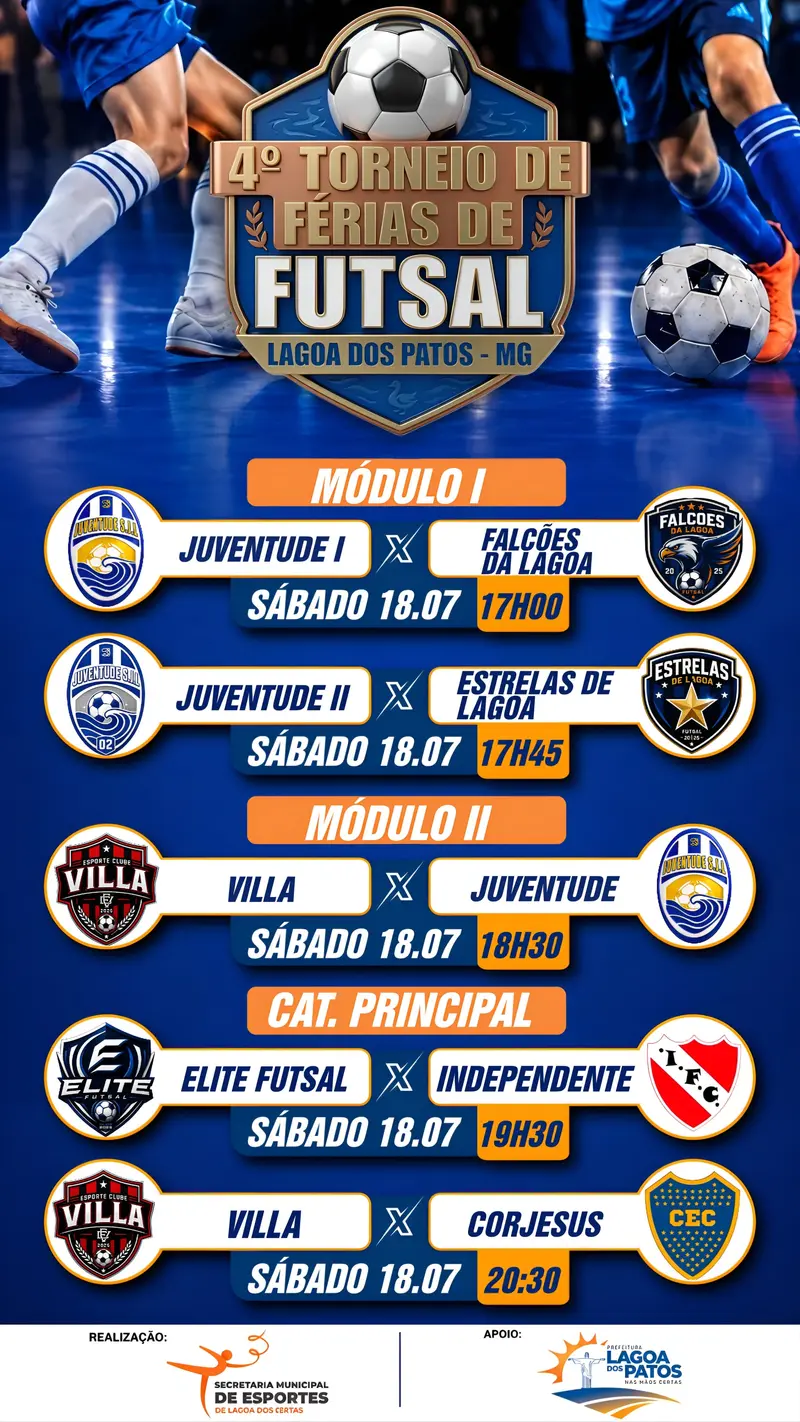 4º Torneio de Férias de Futsal terá domingo de grandes confrontos em Lagoa dos Patos