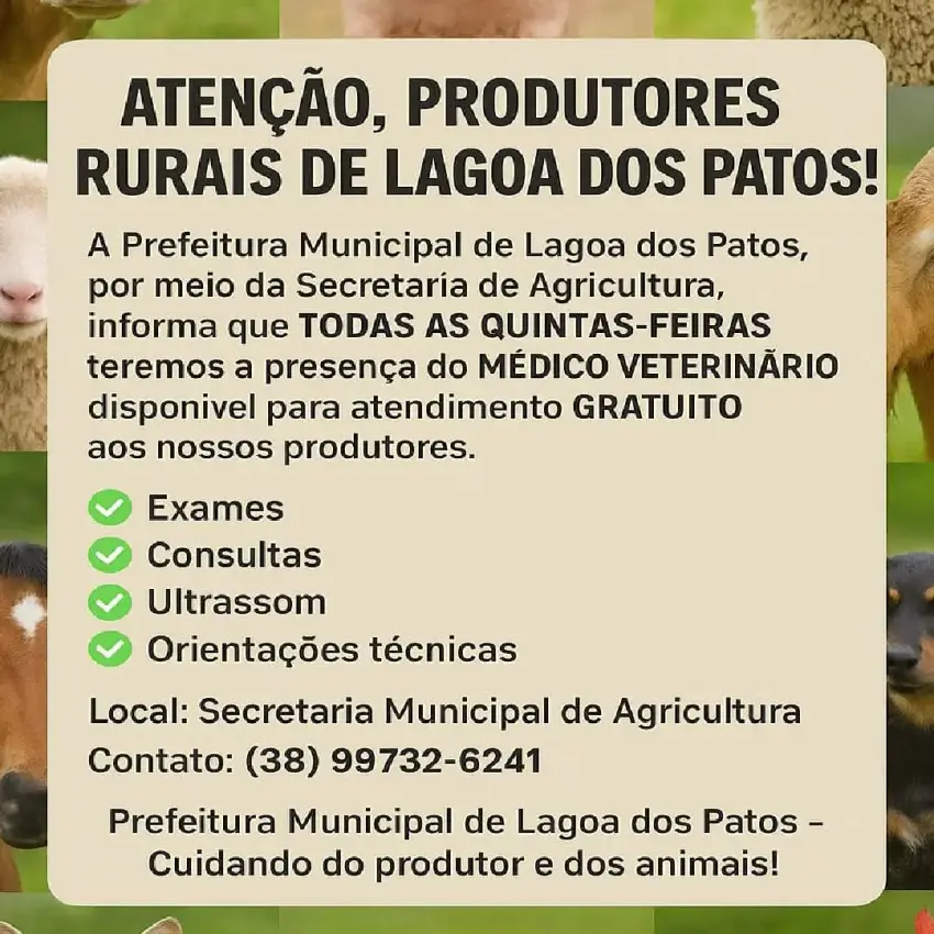 Capa de Atendimento Veterinário Gratuito para Produtores Rurais de Lagoa dos Patos