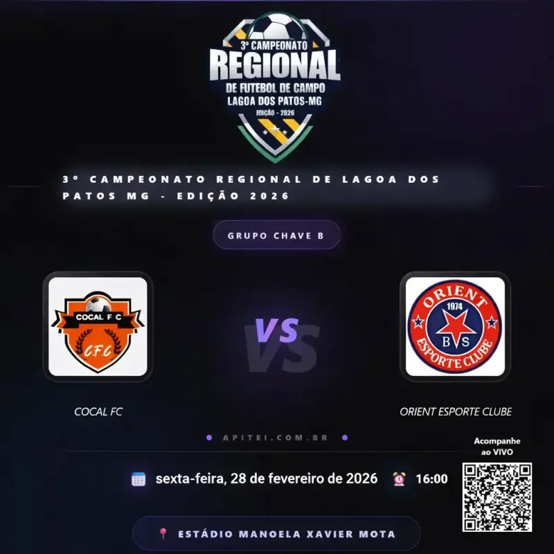 Cocal FC e Orient Esporte Clube se enfrentam pelo Grupo B do 3º Campeonato Regional de Lagoa dos Patos MG 2026