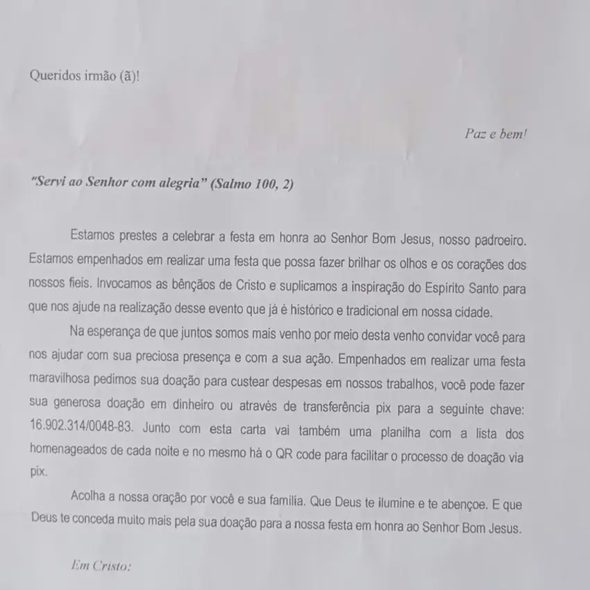 Capa de Convite e campanha de doações para a Festa do Senhor Bom Jesus
