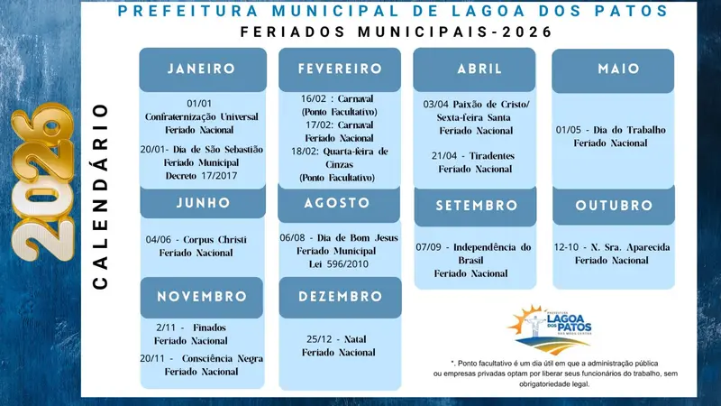 Prefeitura de Lagoa dos Patos divulga calendário de feriados municipais e nacionais de 2026