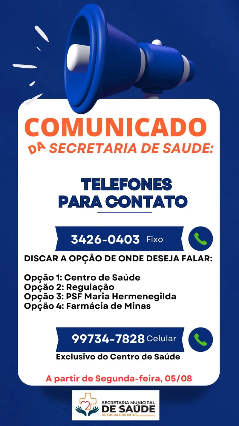 Prefeitura de Lagoa dos Patos divulga novos telefones da Secretaria Municipal de Saúde para melhorar atendimento à população