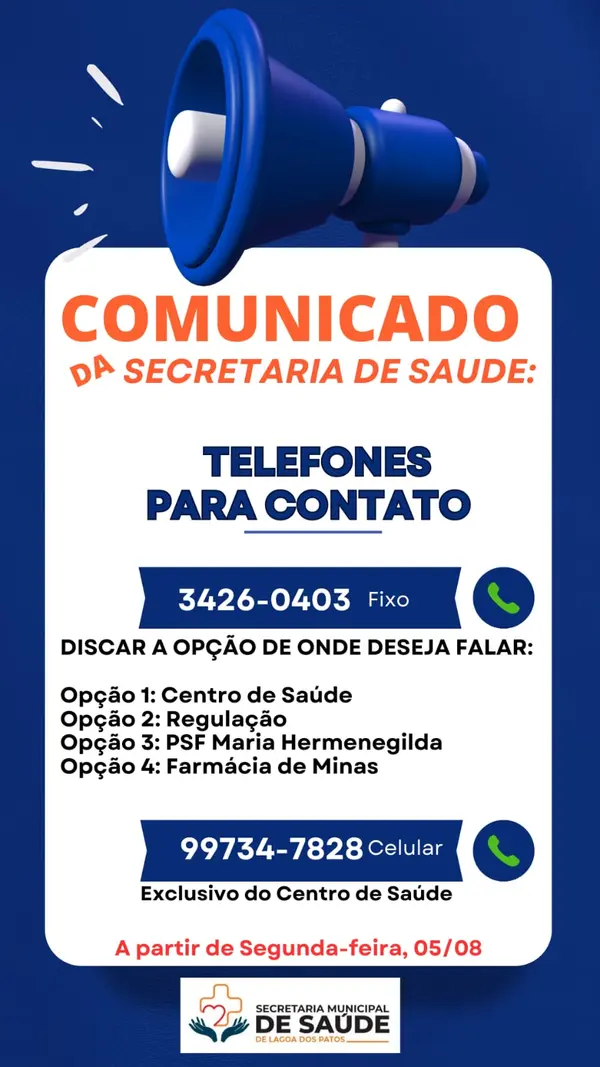Prefeitura de Lagoa dos Patos divulga novos telefones da Secretaria Municipal de Saúde para melhorar atendimento à população