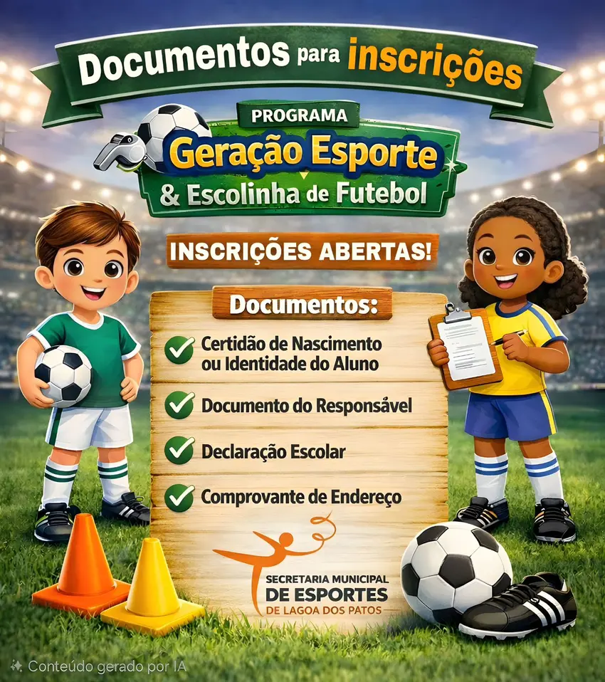 Capa de Programa Geração Esporte divulga documentos necessários para inscrições em Lagoa dos Patos